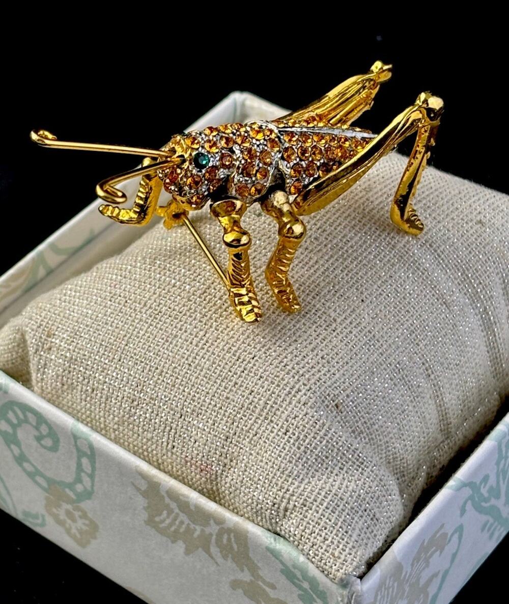 Vintage JAY STRONGWATER Unsigned Gold Plated Rhinestone Grasshopper Pin Brooch